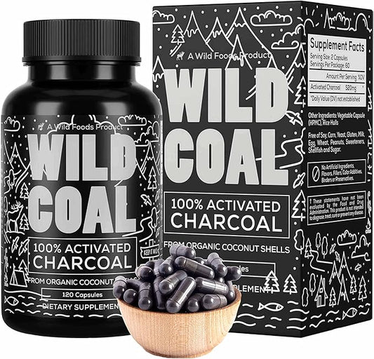 Wild Foods Activated Charcoal Capsules | 100% Organic Coconut Shells Active Tablets for Bloating & Hangover | Lab Tested & Non-GMO Detox Pills | Made in USA (120 Capsules)