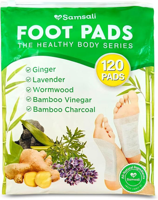Samsali Ginger Foot Pads for Pain Relief: 120-Pack Natural Bamboo Vinegar Bamboo Charcoal Wormwood Lavender Ingredients Foot Patches - Comfort for Stress Relief - Ideal for Adults Elderly Sleep