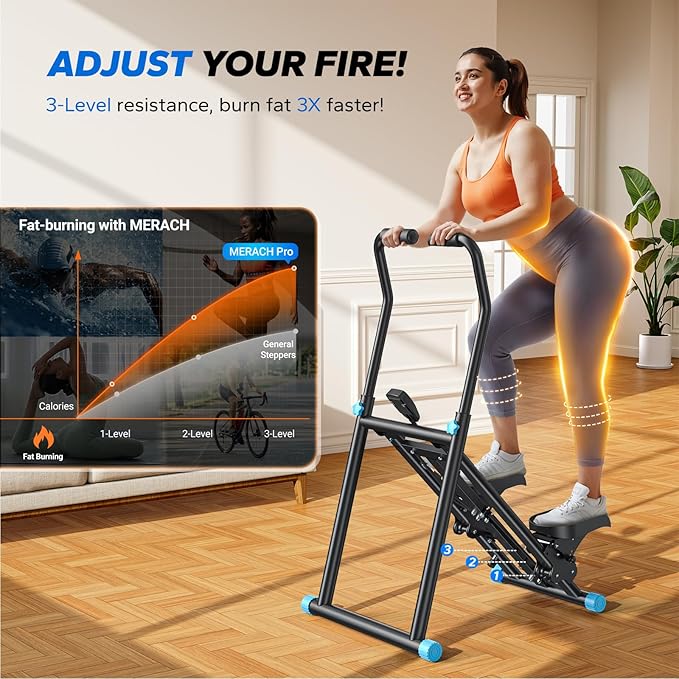 MERACH Stair Stepper for Home Gym Exercise, New Version Stairmaster for Full-Body Workout, Compact Folding Stair Climber with Extended Step Range, Adjustable Handlebar/Pedal