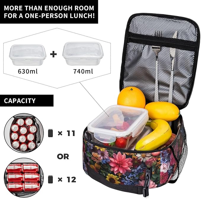 Insulated Lunch Box for Women Men, Floral Flower Theme Lunch Box Reusable Portable Lunch Bag Cooler Tote Waterproof Lunch Container for Office Picnic Work Travel
