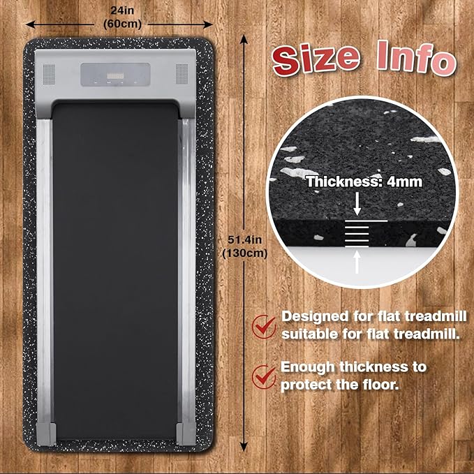 Treadmill Mat for Hardwood Floors - 100% Recycled Rubber Mat for Home Gym Flooring, Durable Workout Fitness Mats, Walking Pad Exercise Bike Equipment Mat, Non-Slip 0.16" Thick, Grey