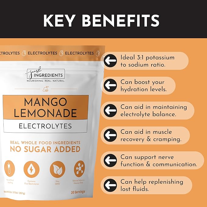 Mango Lemonade Electrolytes – 30‑Serving Hydration Drink Mix with Coconut Water, Sea Salt, and Trace Minerals – Supports Hydration, Recovery, and Electrolyte Balance*