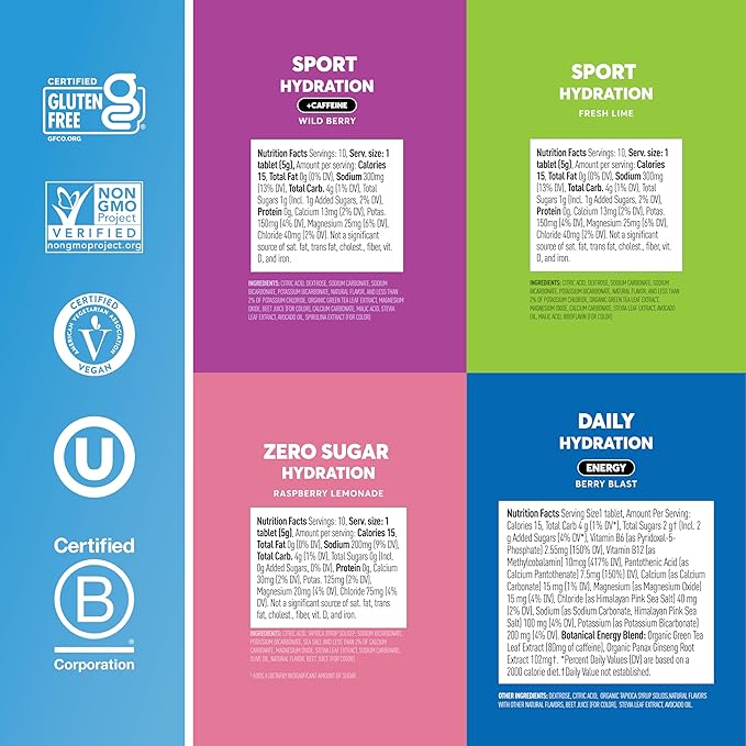 Nuun Hydration Electrolyte Tablets - Sodium, Potassium, Chloride, Calcium, Magnesium, 1g & 0g Sugar Drink Mix | Vegan, Gluten Free, Non-GMO | Complete Pack, Mixed Flavors, 4 Pack (40 Total Servings)