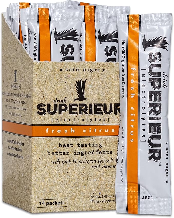 Superieur Electrolyte Powder Packets - Vegan Electrolyte Hydration Powder w/Sea Minerals - Keto Friendly, Non-GMO, Zero Sugar Electrolyte Supplement - Healthy Sports Drink - Citrus (14 Packets)