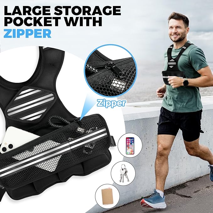 Adjustable Weighted Vest for Women Men, 6-18 LBS Weighted Walking Vest with 8 Ironsand Weights & Reflective Strip, Strength Training Weight Vests for Running GYM Home Workout, Large Zippered Pocket