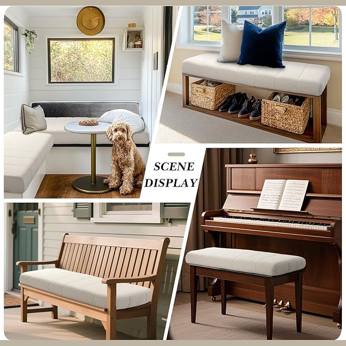 Wenqik Bench Cushion 42x16x4 Inch for Indoor Outdoor Furniture Tufted Thicken Bay Window Seat Cushion Non Slip Waterproof Dining Piano Bench Pad Pillow Anti Cat Scratch for Patio Porch Swing, Beige