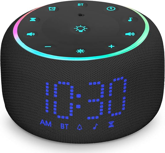 White Noise Machine Alarm Clock: Auto-Dimmable Clock for Bedrooms - 5W Stereo Bluetooth Speaker - Sound Machine with 24 Sleep Sounds for Adults Kids