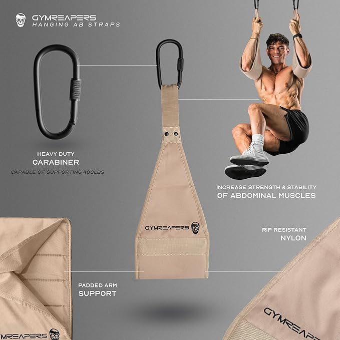 Gymreapers Hanging Ab Straps for Pull-Up Bar — Hang Bar Assist Strap & Strength Workout Exercise Equipment, Padded Adjustable Arm Supports with 2 Steel Carabiners for Leg Raises, Abdominal & Core Training