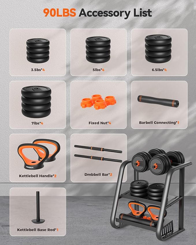 FEIERDUN Adjustable Dumbbells, 20/30/40/45/70/90lbs Free Weight Set with Connector, 5 in1 Dumbbells Set Used as Barbell, Kettlebells, Push up Stand, Weight Plate, Fitness Exercises for Home Gym Suitable Men/Women