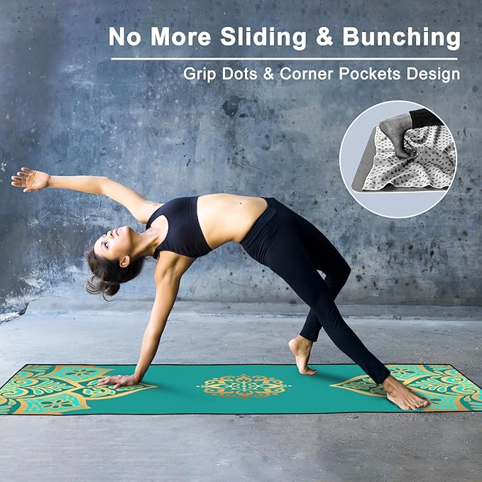Colorful Star Yoga Towel with Corner Pockets, Non Slip Grip Dots Absorbent Hot Yoga Mat Towels, Yoga Blankets with Travel Bag, Mat Cover for Workout, Gym, Fitness - 70"x26", Turquoise Gold Mandala