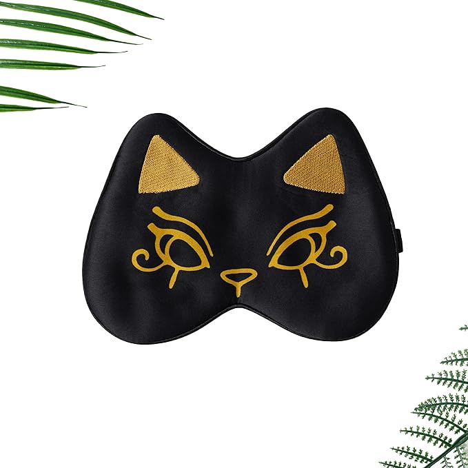 Silk Sleep Mask Blindfold Eye Mask for Sleep Cute Cat Print Embroidered Eye Cover Adjustable Oversized Egyptian Bastet with Gift Box&Pouch(Midnight Bastet-Adjustable Strap)