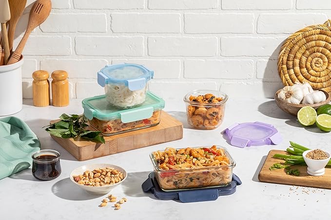 Ello Color Lock 8PC Mixed Glass Food Storage Sets, Leak-Proof Glass Food Storage Containers with Airtight BPA-Free Plastic Lids, Dishwasher, Microwave, and Freezer Safe, Purple Rain