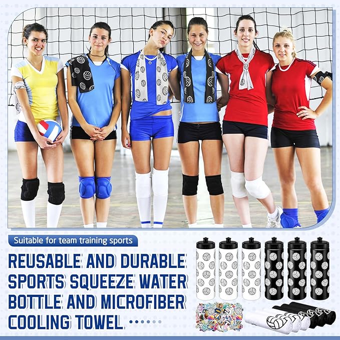 24 Pcs Volleyball Water Bottle Volleyball Cooling Towel Set with 50 Sticker Sports Party Favors Include 6 Reusable Sports Squeeze Water Bottle 6 Ice Towel Breathable Fast Drying for Team Gifts