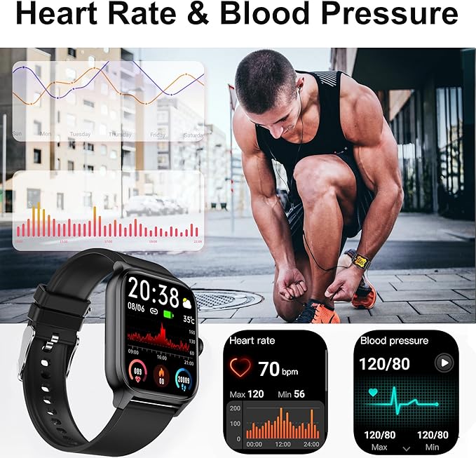 Fitness Tracker Heart Rate Blood Pressure Watch Blood Oxygen Monitor Pedometer Step Counter Activity Tracker Big Fitness Tracker for Women Men Smart Watch for Android Phones Compatible iPhone