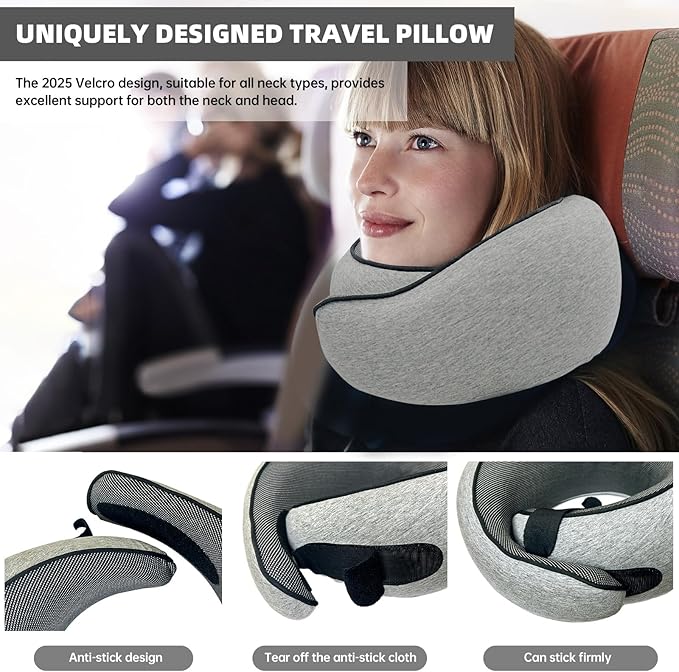 Premium Travel Pillow, 2025 New Memory Foam Neck Pillow, 360° Ergonomic Design Airplane Pillow Travel Pillows for Airplanes, Cars, Offices, Home Use, Ideal for Adults and Kids (Light Gray)