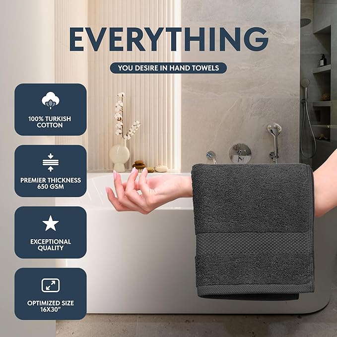 White Classic Luxury Hand Towels for Bathroom-Hotel-Spa-Kitchen-Set - Circlet Egyptian Cotton - 16x30 Inches - Set of 6, Charcoal Gray