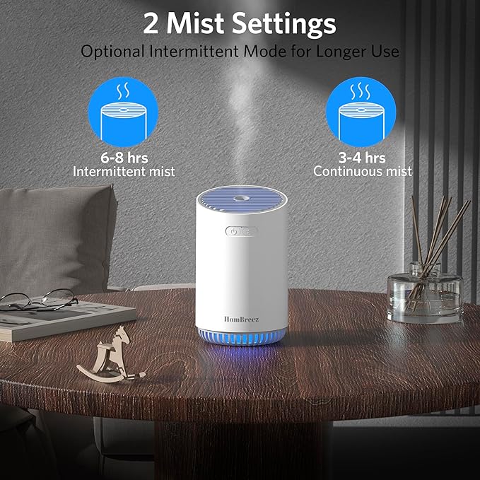Portable Aromatherapy Diffuser 320ml, Rechargeable Essential Oil Diffuser with LED Light, Cool Mist Humidifier with 2 Mist Modes, Auto Shut-Off, Cordless Use for Home, Office, Bedroom - White