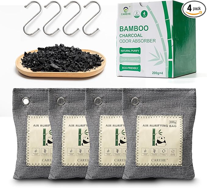 Activated Charcoal Odor Eliminator, Bamboo Charcoal Air Purifying Bags,Odor Removing Packs, Shoe Deodorizer Natural Odor Absorber for Home, Car, Closet, and Pet (200g*4 Pack)