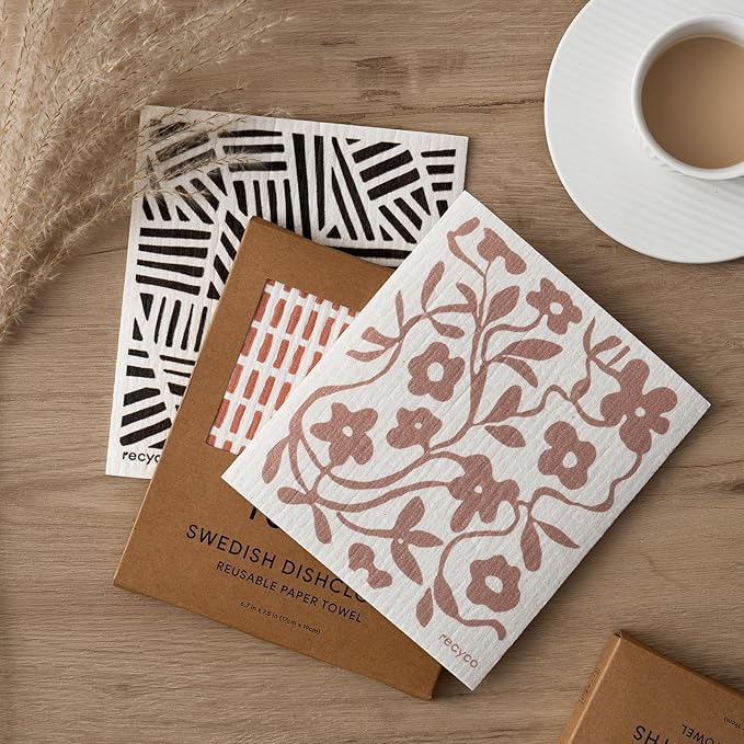 RECYCO Swedish Dishcloths for Kitchen | 6 Pack Floral Geo Washable Dish Rags | Cellulose Reusable Cleaning Paper Towels | Absorbent Counter Dish Cloth Sponge Kitchen Wipes, 8" L x 7" W