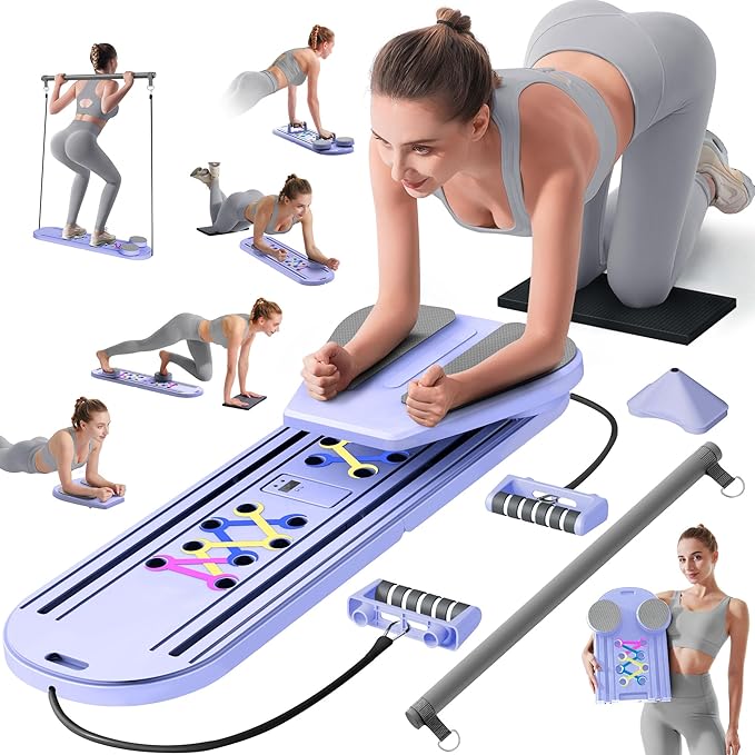 Pilates Board, Pilates Reformer Set, Pilates Machine 15-in-1 Multifunctional Abdominal Board for Home Office Workout, Foldable Portable Pilates Reformer Board for Women