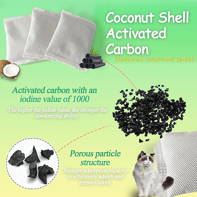 Activated Charcoal Odor Absorber Bags Compatible with OKSOTY Stainless Steel Cat Litter Box, Natural Coconut shell Charcoal Bags, Absorb Odors/Control Damp from Pets/Keep Home Fresh(6PCS)