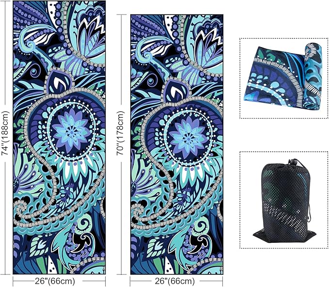 QiyI Yoga Mat Towel with Corner Pockets, Non Slip Sweat Absorbent Hot Yoga Towels, Soft Yoga Blankets with Travel Bag, Skidless Mat Cover for Workout, Gym, Fitness - 70"x26", Vintage Paisley