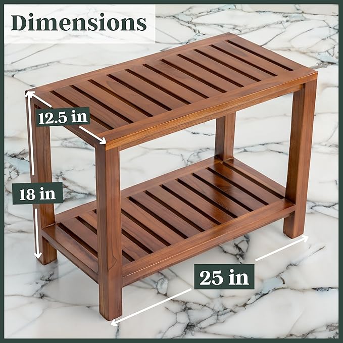 Teak Shower Bench 25 Inch – Fully Assembled Wooden Bench with Shelf, Water-Resistant, Non-Slip Adjustable Feet – Indoor Spa, Garden, or Bathroom Use