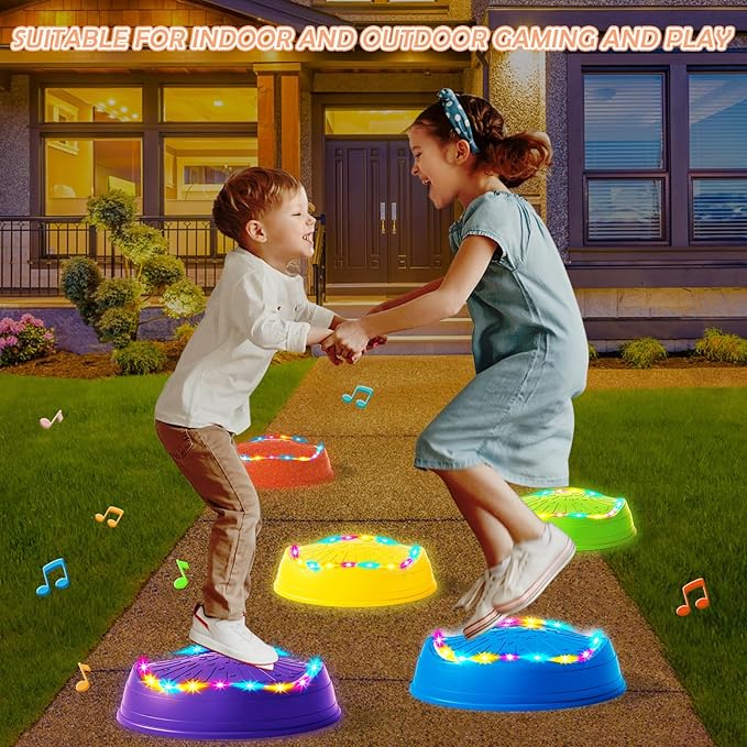 Music Light Up Stepping Stones for Kids Toddler - 5PCS Non-Slip Stackable Plastic Sensory Stepping Stones, Preschool Obstacle Course Balance Board Game, Gross Motor Energy Toys for Indoor Outdoor