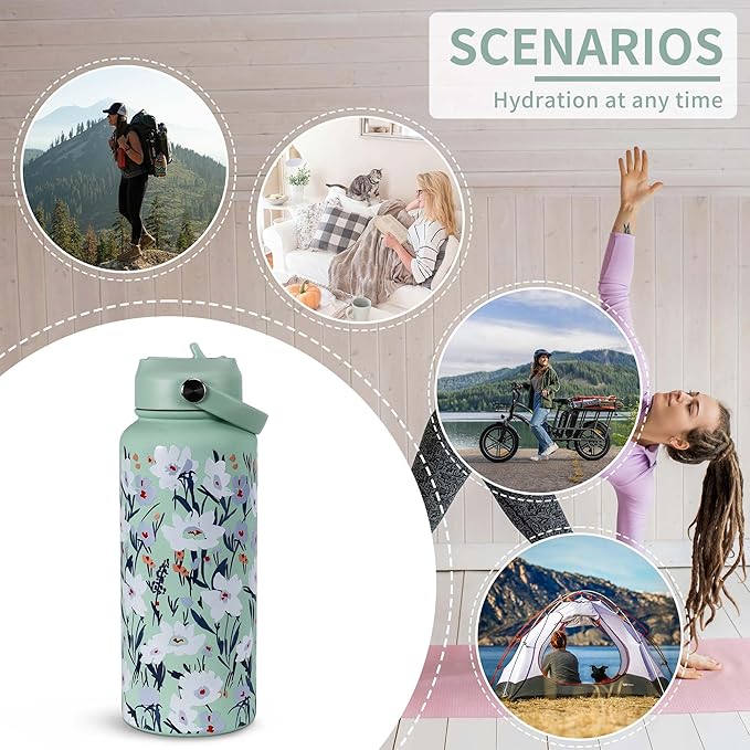 Goetland Flowers Water Bottle Beverage Bottle with Straw Lid 32 oz Stainless Steel Wide Mouth Vacuum Insulated Cute UV Printing Leak Proof For Women Girls Kids Light Green