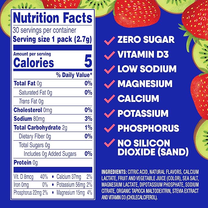 GoHydrate Instant Hydration Powder Packets - Low Sodium Electrolytes Drink Mix - Natural Hydration Support, Sugar Free Electrolyte Flavored Powder Drink with Vitamin D, 30 Packs, Kiwi Strawberry