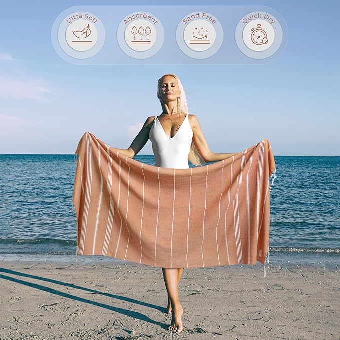 Turkish Beach Towel Quick Dry & Lightweight Extra Large (39" x 71") - Decorative, Versatile and Functional as Yoga Mat, Picnic Blanket, Travel Blanket, Gym, Camping and Bath Towels - Salmon