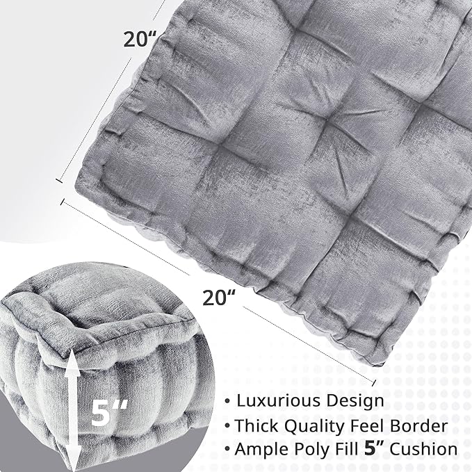 Intelligent Design Azza Floor Pillow, Large Cushions Sitting for Adults, Floor Pillow for Meditation or Yoga, Lustrous Chenille Tufted with Scalloped Edges for Bench/Chair Cushion, 20"x20"x5" Grey
