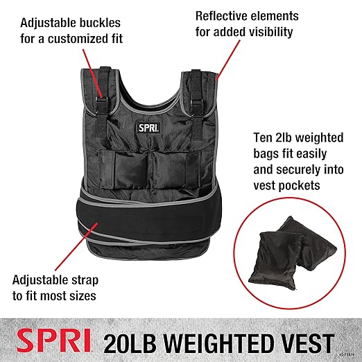 SPRI 20 lb Weighted Vest for Women & Men - Adjustable Weight Vest for Running, Strength Training, Endurance, and Fitness - Ten 2lb Weight Bags for Customized Workout - Comfort Fit and Durable Closure