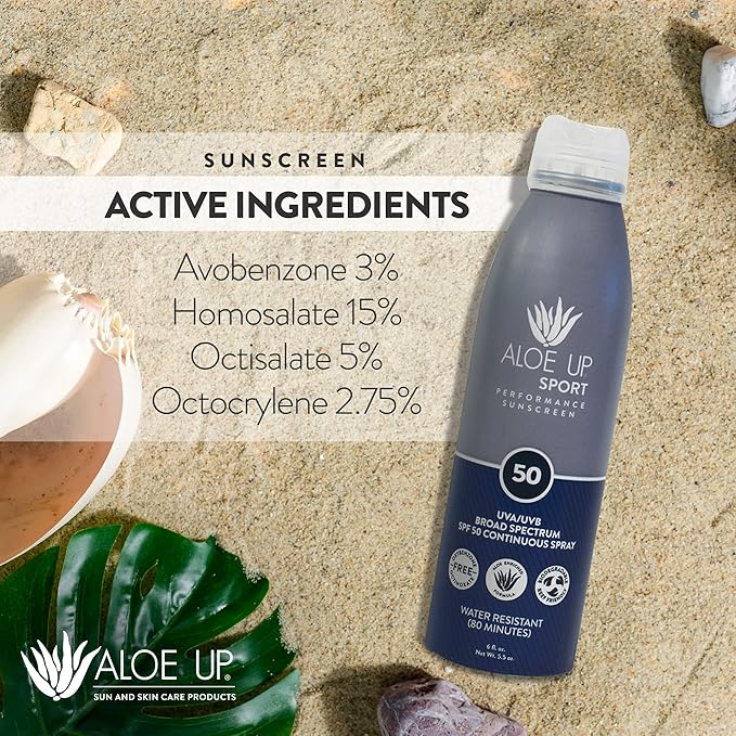 ALOE UP Sport Continuous Spray Sunscreen SPF 50 - Broad Spectrum UVA/UVB Sunscreen Protector for Face and Body - With Aloe Vera Gel - Fast Absorbing Sheer Formula - Reef Safe - Fragrance-Free - 6 Oz