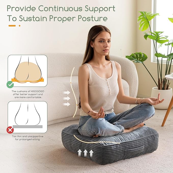 6" Washable Floor Pillow Cushion for Adults, Meditation Cushion Pillow, Large Square Floor Sitting, Removable Tufted Corduroy Cover, for Tatami Living Room or Yoga, 22x22 Inch, 2Pack, Machine Washable