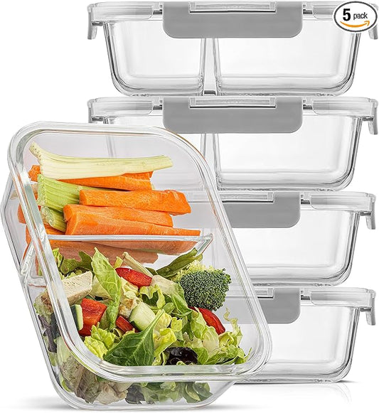 JoyJolt Divided Food Storage Containers with Lids Airtight. 5 Pack Glass Meal Prep Containers 2 Compartment Set Glass Bento Box. Reusable Food Containers, Portion Control Containers for Weight Loss