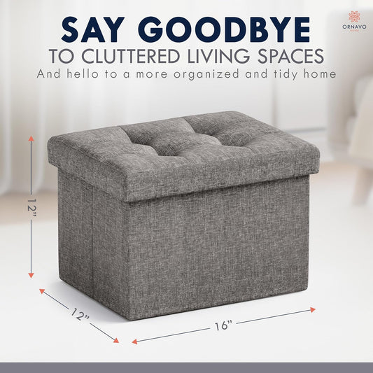 Ornavo Home Small Storage Ottoman Foldable Collapsible Rectangle Linen Ottoman Foot Rest Stool Seat, for Living Room, Bedroom, Home Office, Dorm - 12 x 16 x 12, Dark Gray