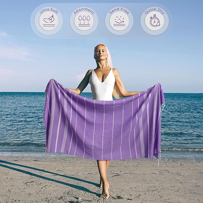 Turkish Beach Towel Soft & Fast Dry Oversized (39" x 71") - Quick Dry, Versatile and Functional as Yoga Mat, Picnic, Camping Blanket, Travel Blanket, Bath Towel - Lilac