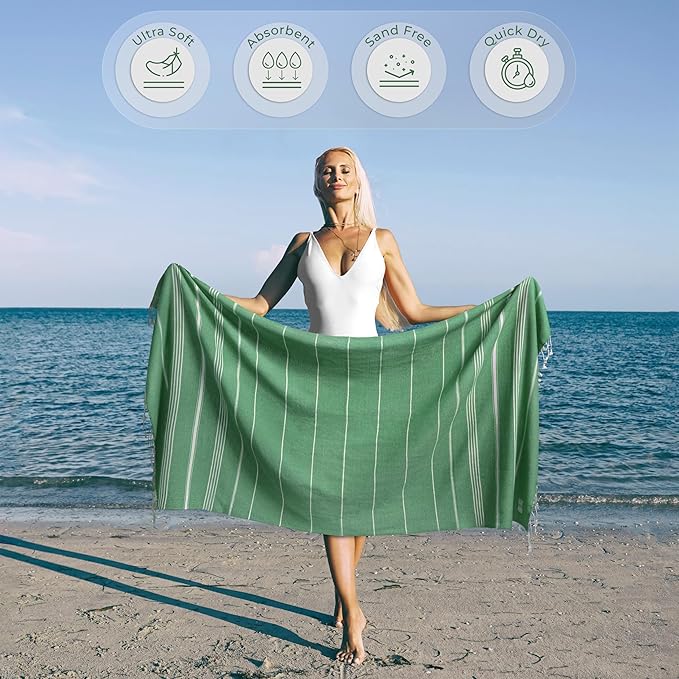Turkish Beach Towel Absorbent & Lightweight Oversized (39" x 71") - Quick Dry, Versatile and Functional as Yoga Mat, Picnic Blanket, Travel Blanket, Bath, Shower and Body Towel - Sea Green