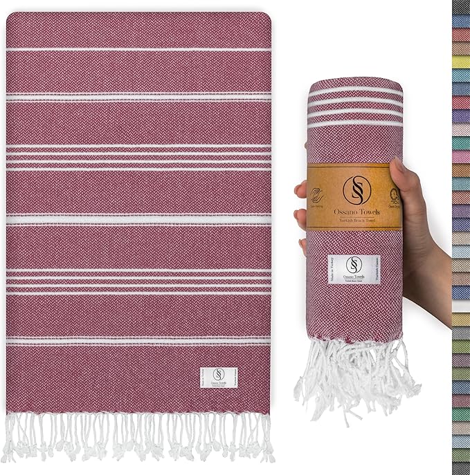 Turkish Beach Towel Lightweight & Striped Extra Large (39" x 71") - Quick Dry, Versatile and Functional as Bath, Yoga Mat, Gym Towel, Travel Blanket, Picnic Blanket - Burgundy