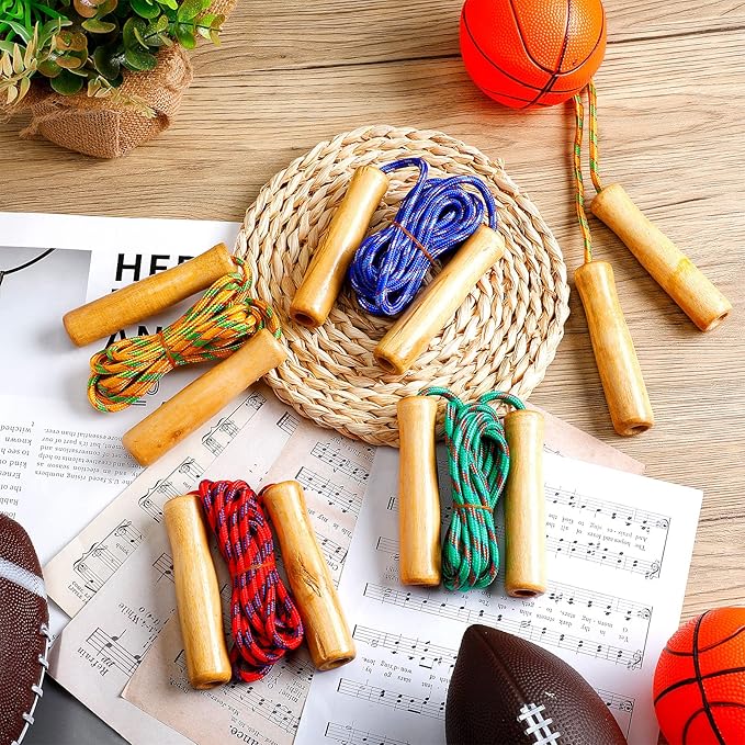 Aoriher 12 Pcs Jump Ropes for Kids Adjustable 7 ft Cotton Skipping Ropes with Wooden Handle for Students Fitness Outdoor Exercise Workout Fun Activity, Random Color