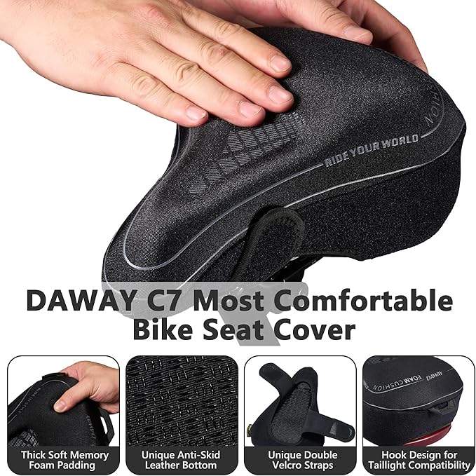 DAWAY Comfortable Bike Seat Cover - C3 Soft Gel & Memory Foam Padded Bike Seat Cushion for Women Men Seniors, Comfort, Fits for Peloton, Stationary, Exercise, Mountain and Cruiser Bicycle Saddles