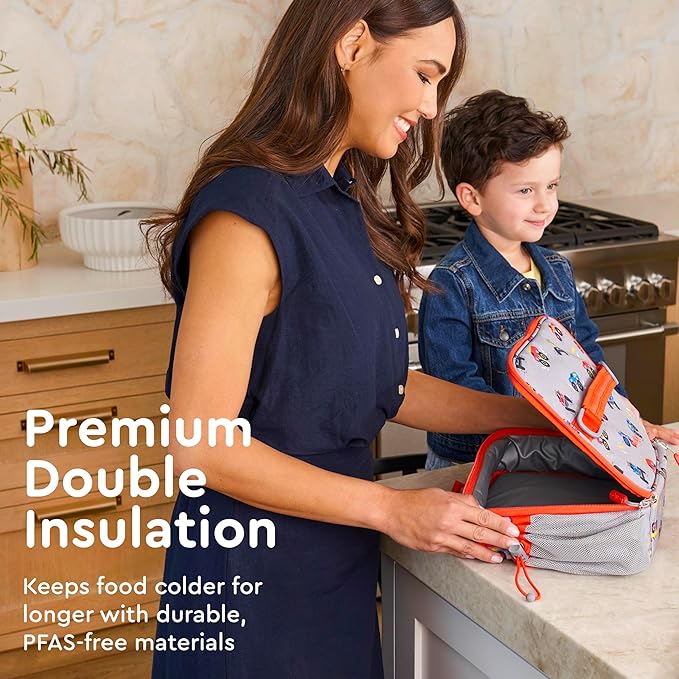 Bentgo Kids Lunch Bag - Double-Insulated, Reusable Lunch Bag for Kids 3+ with Adjustable Strap; Holds Lunch Box/Water Bottle/Snacks; Easy-Clean, Water-Resistant & Pockets (Trucks)