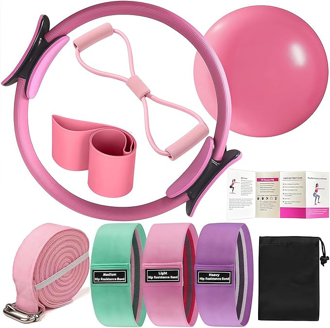 Pilates Set – Home Pilates Equipment for Women Kit with Magic Circle Pilates Ring and Ball Set, Resistance Bands & Massage Balls & Exercise Bands for Toning,Flexibility & Core Strength