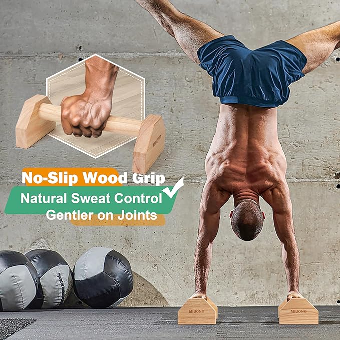 Parallettes Push Up Bar, Oak Wood Calisthenics Equipment for Home Gym with Non-Slip Base, Handstand Trainer Push Up Handles for Floor Dip Workout and Strength Training