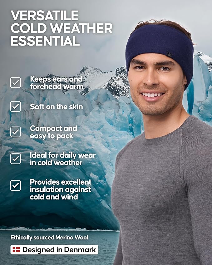 DANISH ENDURANCE Merino Wool Headband, with Thermal Inner Fleece, for Men and Women, Unisex, 1 or 2-pack, Black, XS/S
