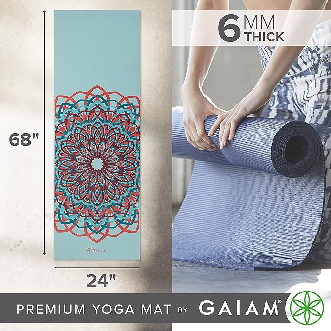 Gaiam Yoga Mat - Premium 6mm Print Extra Thick Non Slip Exercise & Fitness Mat for All Types of Yoga, Pilates & Floor Workouts (68"L x 24"W x 6mm Thick)