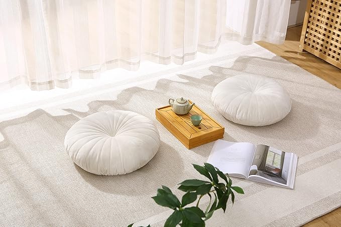 Floor Pillow Meditation Cushion Round Large Floor Pillows Seating for Adults, Velvet Thick Floor Cushions for Yoga Living Room Balcony Outdoor Tatami 18inch(Beige)