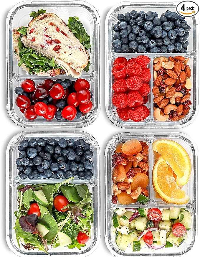 FIT Strong & Healthy Glass Meal Prep Containers, 2 & 3 Compartments - Portion Control, Lunch Container Set, Food Storage, Airtight Lids, Oven & Freezer Safe, Leak-Proof Bento Box, 32 oz, Blue, 4 Pack