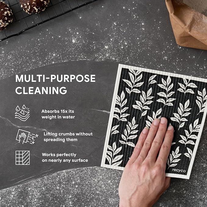 RECYCO Swedish Dishcloths for Kitchen | 5 Pack Mystic Meadows Washable Dish Rags | Cellulose Reusable Cleaning Paper Towels | Absorbent Counter Dish Cloth Sponge Kitchen Wipes, 8" L x 7" W